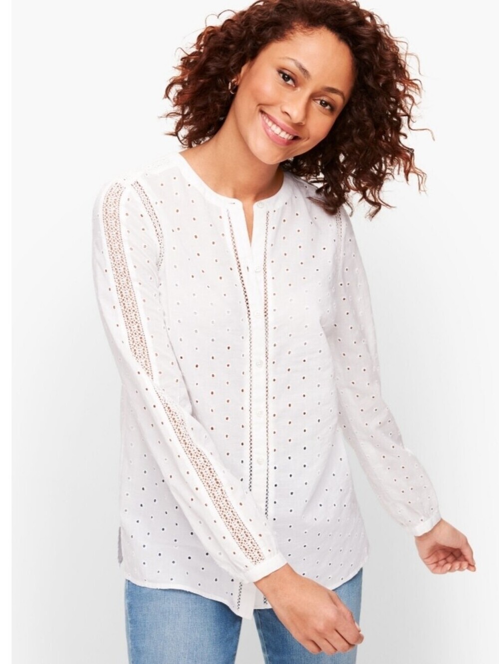 TALBOTS Eyelet Button Front Top Blousw Lace Detail Womens Petite White SP